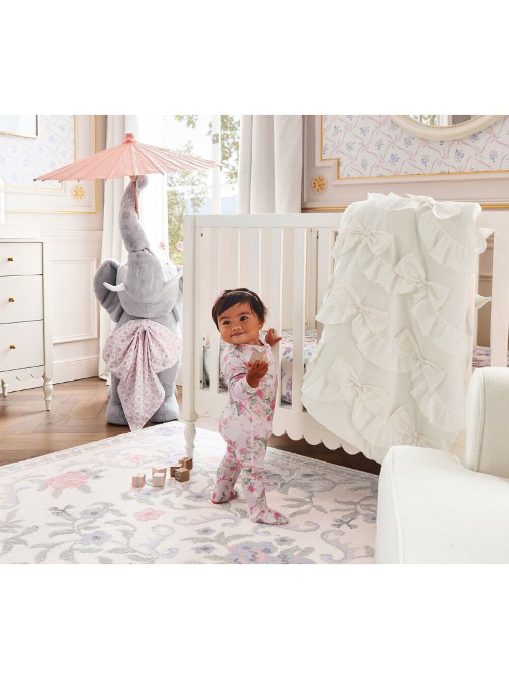 POTTERY BARN KIDS LoveShackFancy Sweet Dreams Ruffled Bow Baby Quilt in White